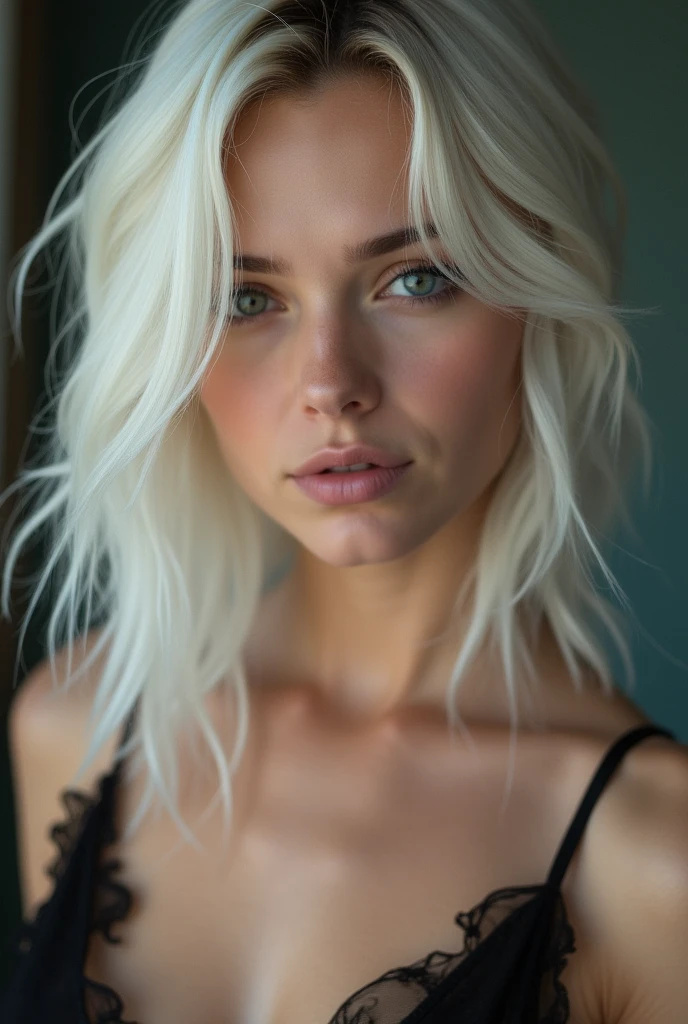 A Russian girl with a perverted and playful face looking at the camera. head on. With a transparent dress that shows off her breasts and nipples. White hair