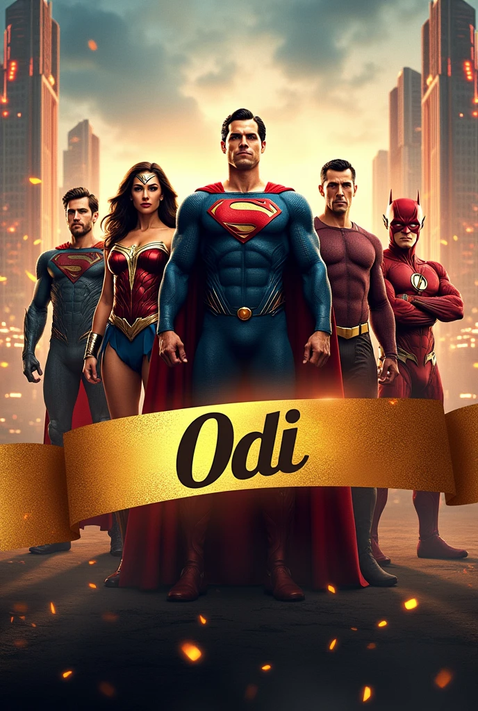 The Justice League and in front of it a ribbon with the name ODI in gold letters