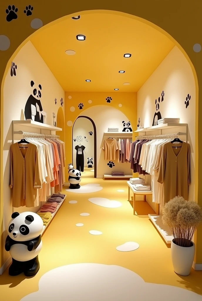 Decoration of a panda-themed clothing boutique with a vanilla yellow background