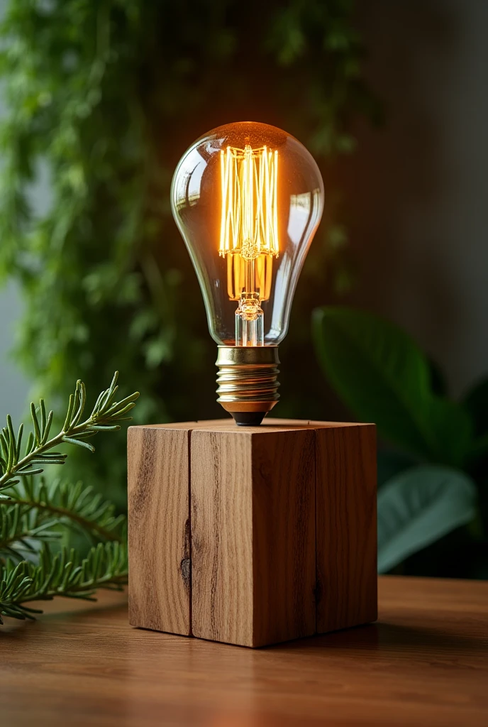 Wooden block lamp, with carbon filament lamp, on top of a table, with foliage.
