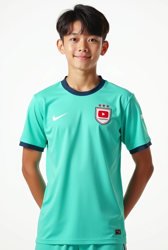 A handsome boy , mint jersey SG logo on it , plus youtube white colour logo ,