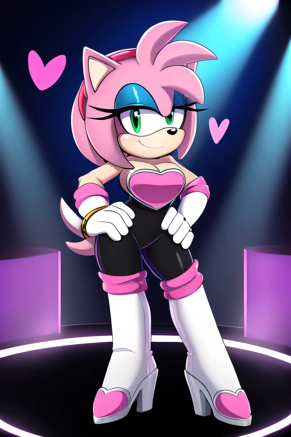 score_9, score_8_up, 2D, flat color, looking at viewer, (1girl), (solo), very detailed, extremely detailed, Amy Rose from the sonic the hedgehog series, portrait, smile, looking at viewers, hair down, hair bangs, large bust, milf, Rouge cosplay, cosplay, Rouge outfit, she wears a black skin-tight and strapless low-cut jumpsuit, a pink heart-shaped chest plate outlined with thin white trim, elbow-length white gloves and thigh-high high-heeled boots with pink cuffs to match them, with the latter featuring both gray soles and heels, along with steel toes in the appearance of pink hearts, matching her jumpsuit's chest plate, standing on a pole on the stage as she becomes a pole dancer, a night club with blue and purple disco lighting, left hand on pole, right hand on hip