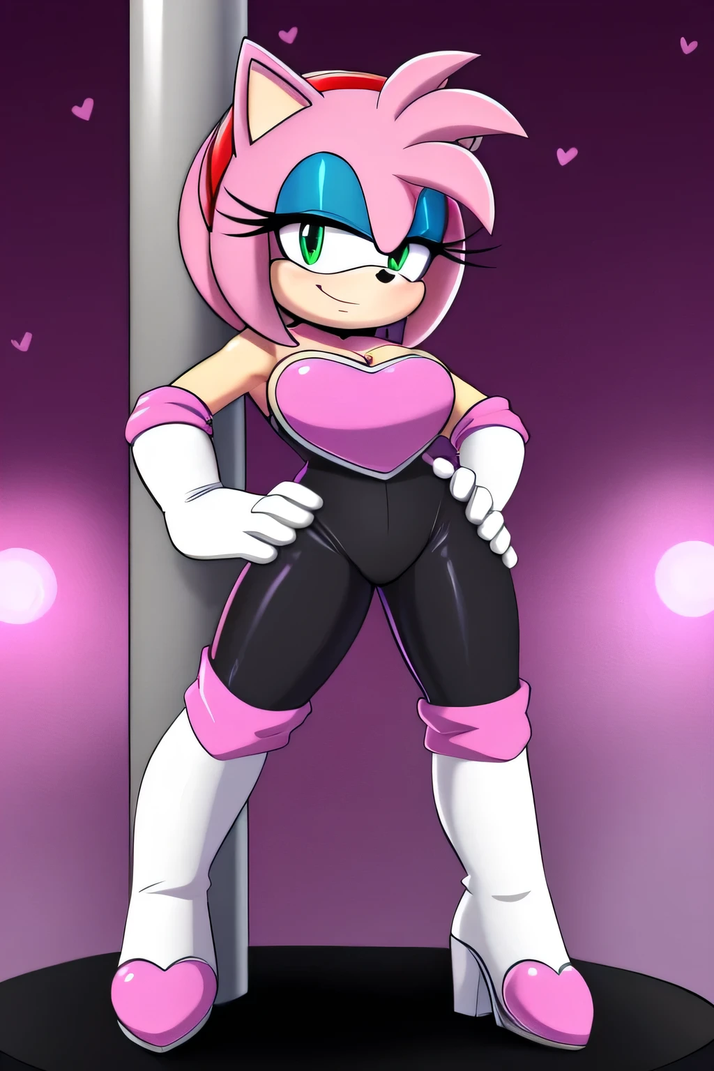 score_9, score_8_up, 2D, flat color, looking at viewer, (1girl), (solo), very detailed, extremely detailed, Amy Rose from the sonic the hedgehog series, portrait, smile, looking at viewers, hair down, hair bangs, large bust, milf, Rouge cosplay, cosplay, Rouge outfit, she wears a black skin-tight and strapless low-cut jumpsuit, a pink heart-shaped chest plate outlined with thin white trim, elbow-length white gloves and thigh-high high-heeled boots with pink cuffs to match them, with the latter featuring both gray soles and heels, along with steel toes in the appearance of pink hearts, matching her jumpsuit's chest plate, standing on a pole on the stage as she becomes a pole dancer, a night club with blue and purple disco lighting, left hand on pole, right hand on hip