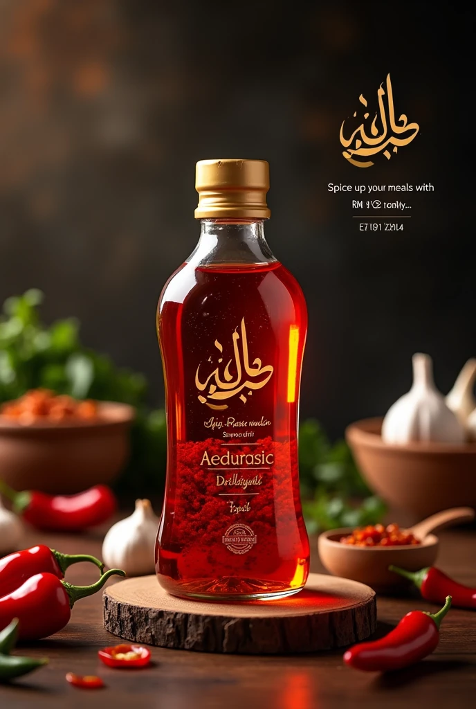 "Create a promotional image for a premium chili oil product named 'Al Amiin Original Flavor.' The chili oil is packaged in a sleek, transparent retort pack with a resealable gold cap, showing vibrant red oil infused with chili flakes. The label on the pack features elegant Arabic calligraphy in gold with the product name. Place the retort pack in the center of the image on a rustic wooden table. Surround the pack with fresh red chili peppers, garlic cloves, and a small bowl of the chili oil. The background should be a dark, blurred kitchen scene with warm lighting to give a cozy, artisanal feel. Add a subtle text overlay in the upper right corner that reads 'Spice Up Your Meals with Al Amiin - RM12 Only.'"