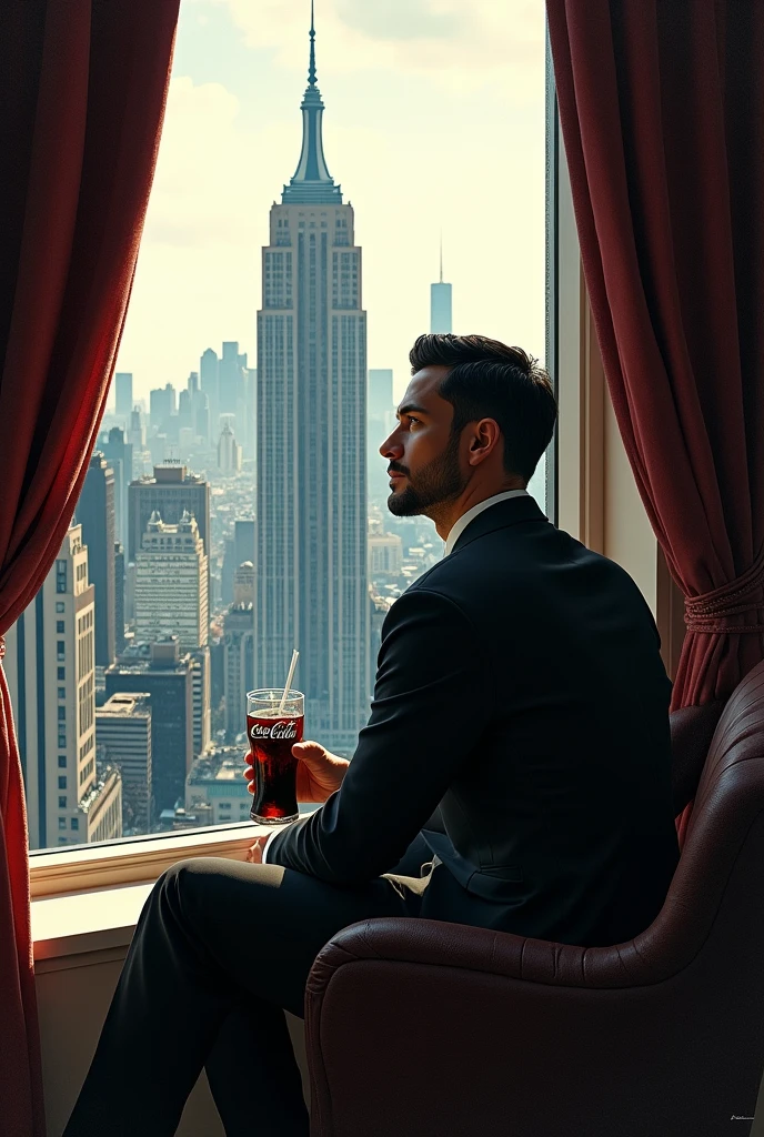 a man looking out of a luxury apartment window, holding a glass of coca-cola, wearing a black suit, detailed landscape outside the window, ink drawing style, high contrast, chiaroscuro lighting, cinematic composition, intricate details, photorealistic, 8k, masterpiece, digital art