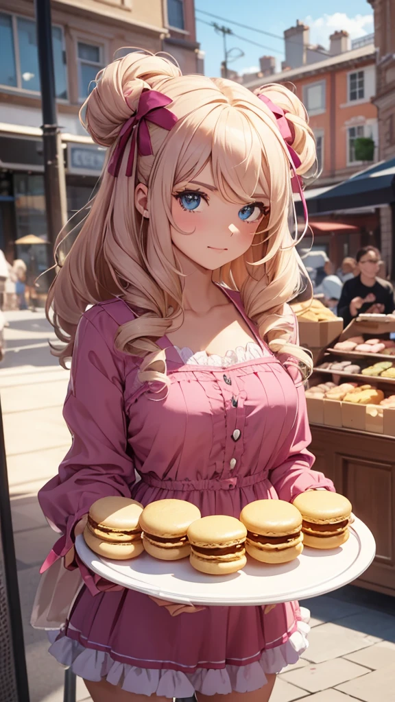 Make me a mascot about macaroons make it simple make it a person holding the macaroons
