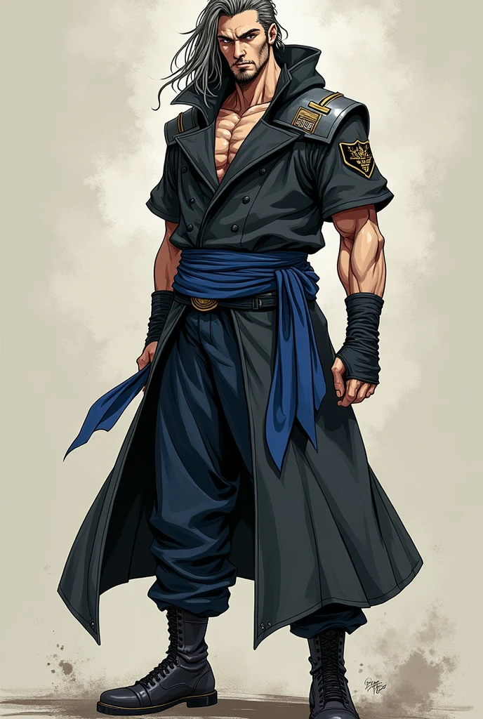Create an illustration in the exact art style of 'Bleach: Thousand-Year Blood War,' depicting a human bandit named Deide Costa. He is a white man with gray-brown eyes and a long gray-brown lock of hair on the right side of his head. He has a full gray-brown beard. He wears a hood, a blue sash like a presidential sash, a dark gray overcoat with the left sleeve short and the right sleeve long, and a shoulder pad on the left side. His outfit includes blue pants and dark gray shoes.