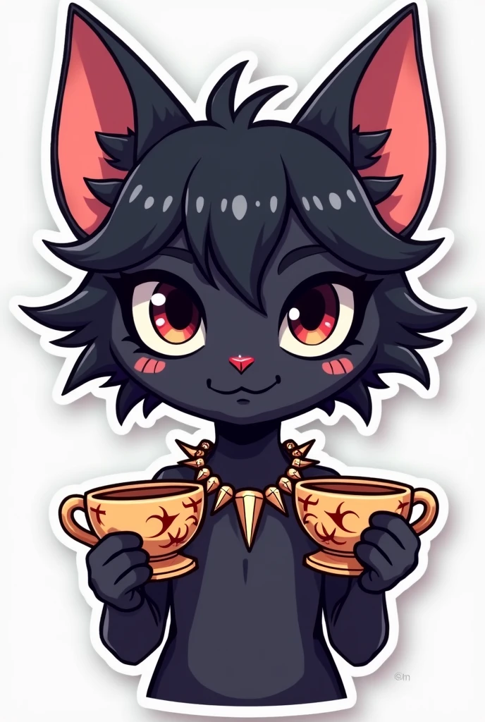 I want to create a series of stickers for WhatsApp and Telegram where the character has black skin, eyes black, wavy black hair, Cat's ears, cups, and a spiked necklace around his neck.