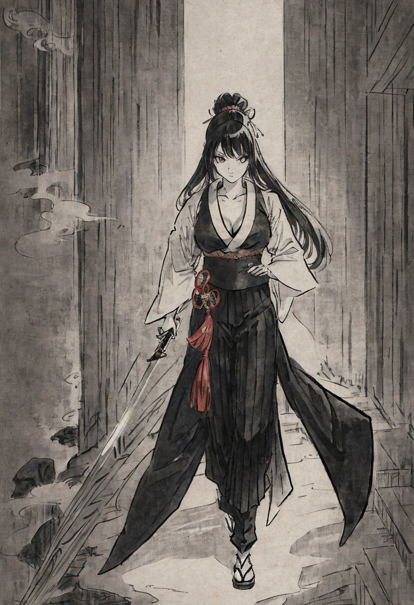 Anime Character Design　Anime Character Reference Sheet　Concept Character　black and white manga style　Taisho Romance　action　Japanese sword　full body woman