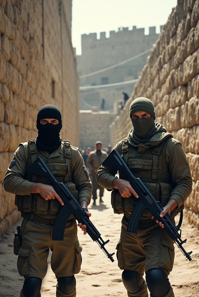 2 Men with Kalashnikovs at the Walls of Diyarbakır People Look at Them from a Distance Diyarbakır Walls