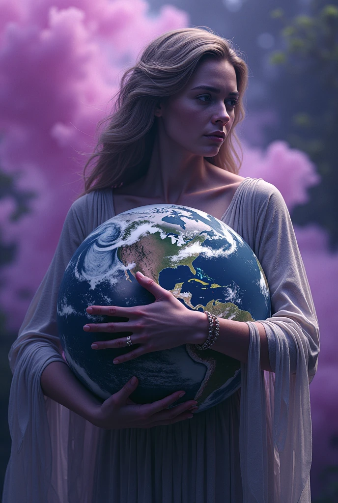 ultra realistic image of mother earth gaia hugging looking at planet earth, more specifically Brazil, containing the flames of the fires, convey depth, in the background violet smoke