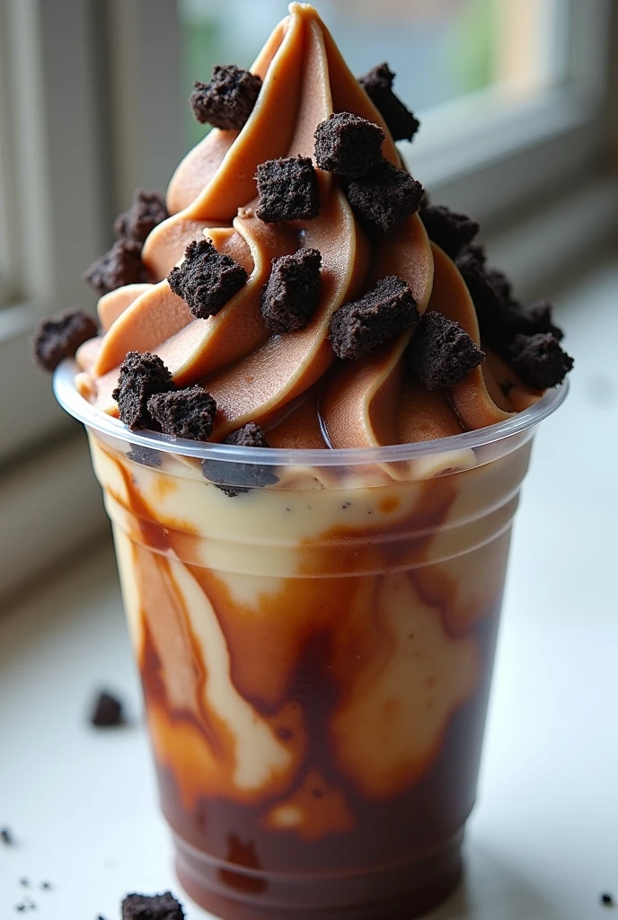 Chocolate and caramel shaved ice with oreo cookie pieces on top in a plastic cup