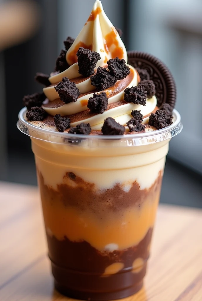 Chocolate and caramel shaved ice with oreo cookie pieces on top in a plastic cup
