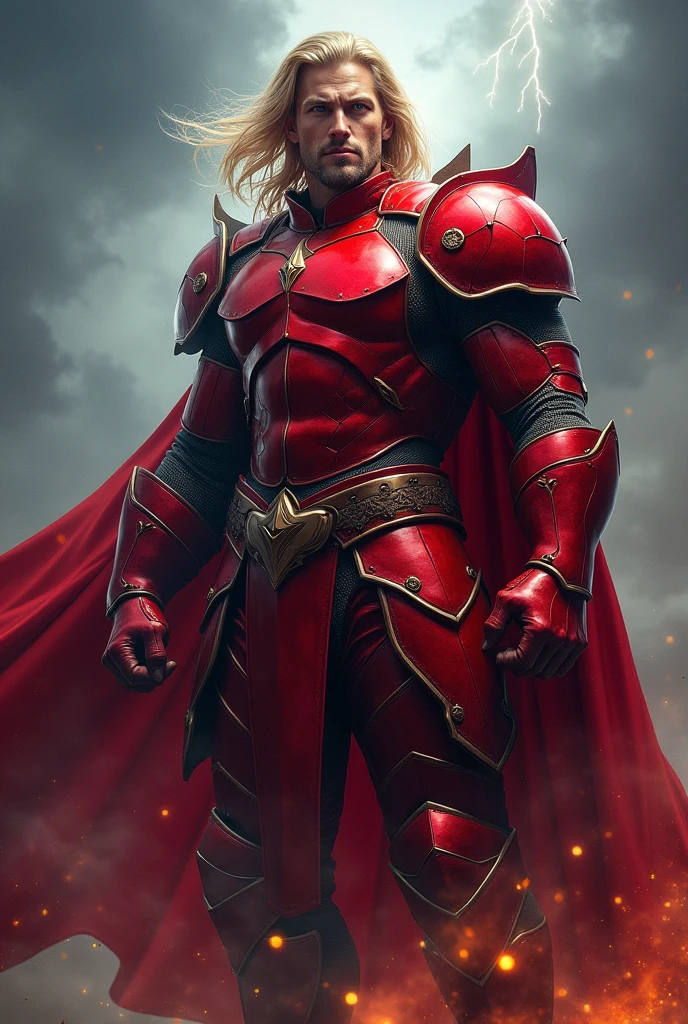 Create a man with blond hair and red armor who emanates an aura