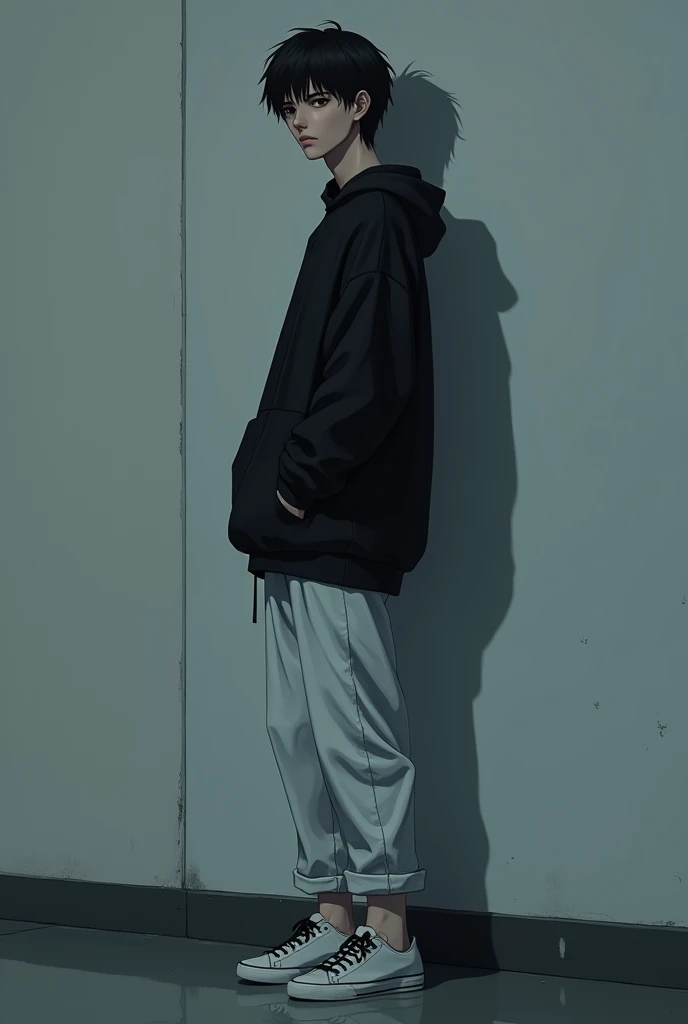 The image is very detailed with shadows and dim anime-style lights, although somewhat gloomy and adult., A 2 man appears in it. He is standing in front of a white wall, He looks almost turned, almost completely on his back, He has medium-long hair and dark black eyes.. He appears serious and calculating.. He is wearing a very dark oversized black sweater and white pants.. He also wears completely white sneakers with no details and black laces..