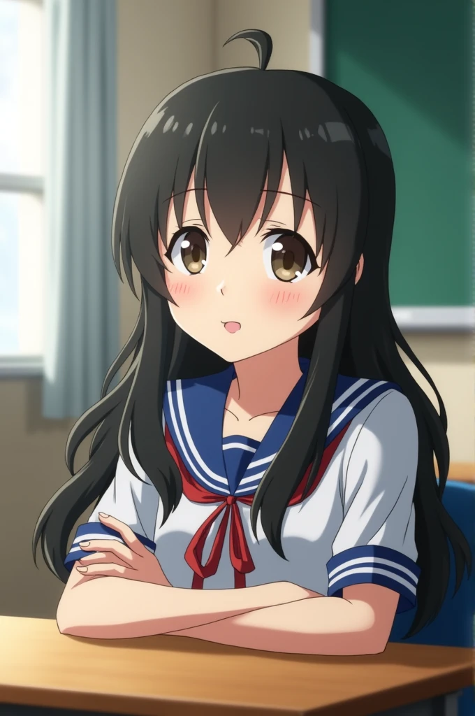 Assassination Classroom screenshot a white girl, dark brown eyes, long, slightly wavy hair, long eyelashes, He is wearing the Assassination Classroom high school uniform., She is sitting on a desk with a smile, animation style: anime like boku no hero academia