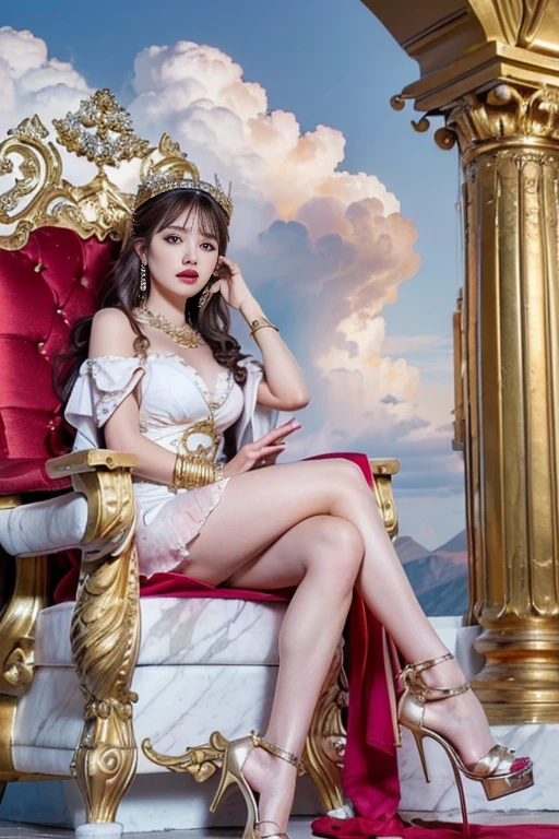 ((1girl, solo, alone, Ninym, white hair, red eyes, hair ornament, small breasts, long hair, fitness)), ((solo, (1woman, pink lipstick), Extremely detailed, ambient soft lighting, 4k, perfect eyes, a perfect face, perfect lighting, a 1girl)), ((greek goddess, white toga, armor, greek armor, throne, sitting on a throne, top of the world, sky, clouds, mount olympus, legs crossed, greek throne, ((marble throne, clouds)), spittoon throne, carved throne, golden throne, fine jewelry, gold necklace, bracelets, gauntlets, jade earrings, high heels))