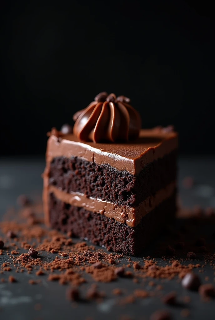 cinematic film still chocolate, chocolate cake, dark background, quality photo, moist texture, frosting, studio photo, slice . shallow depth of field, vignette, highly detailed, high budget, bokeh, cinemascope, moody, epic, gorgeous, film grain, grainy