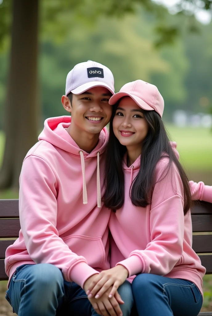A pair of Indonesian lovers, clean faces, wearing hoodies pink color wearing baseball caps, sitting on a park bench, photo facing front,super HD photography, sophisticated camera