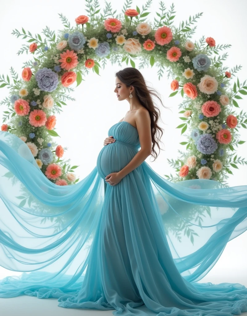 pregnant woman in blue dress standing in front of a floral wreath, a colorized photo by Marie Angel, pinterest, art photography, maternal photography 4 k, cyan photographic backdrop, light blue dress portrait, flowing gown, beautiful flowing fabric, blue swirling dress, sky - blue dress, ethereal and dreamy theme, wearing a flowing dress, endless flowing ethereal drapery, gown