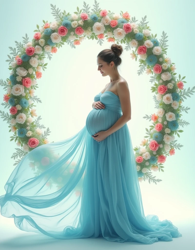 pregnant woman in blue dress standing in front of a floral wreath, a colorized photo by Marie Angel, pinterest, art photography, maternal photography 4 k, cyan photographic backdrop, light blue dress portrait, flowing gown, beautiful flowing fabric, blue swirling dress, sky - blue dress, ethereal and dreamy theme, wearing a flowing dress, endless flowing ethereal drapery, gown