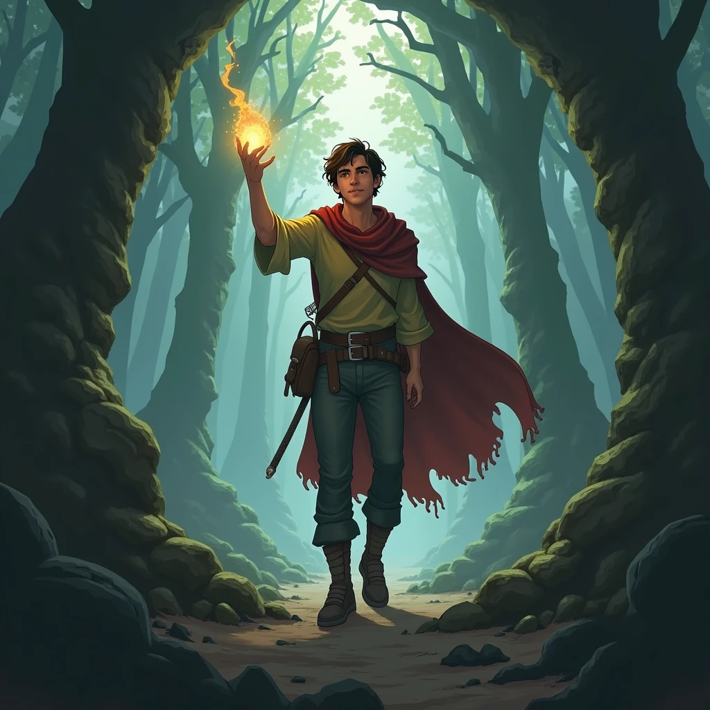 Inside a hidden cave, Kael discovers a glowing magical artifact, his light illuminating the dark cave around him."