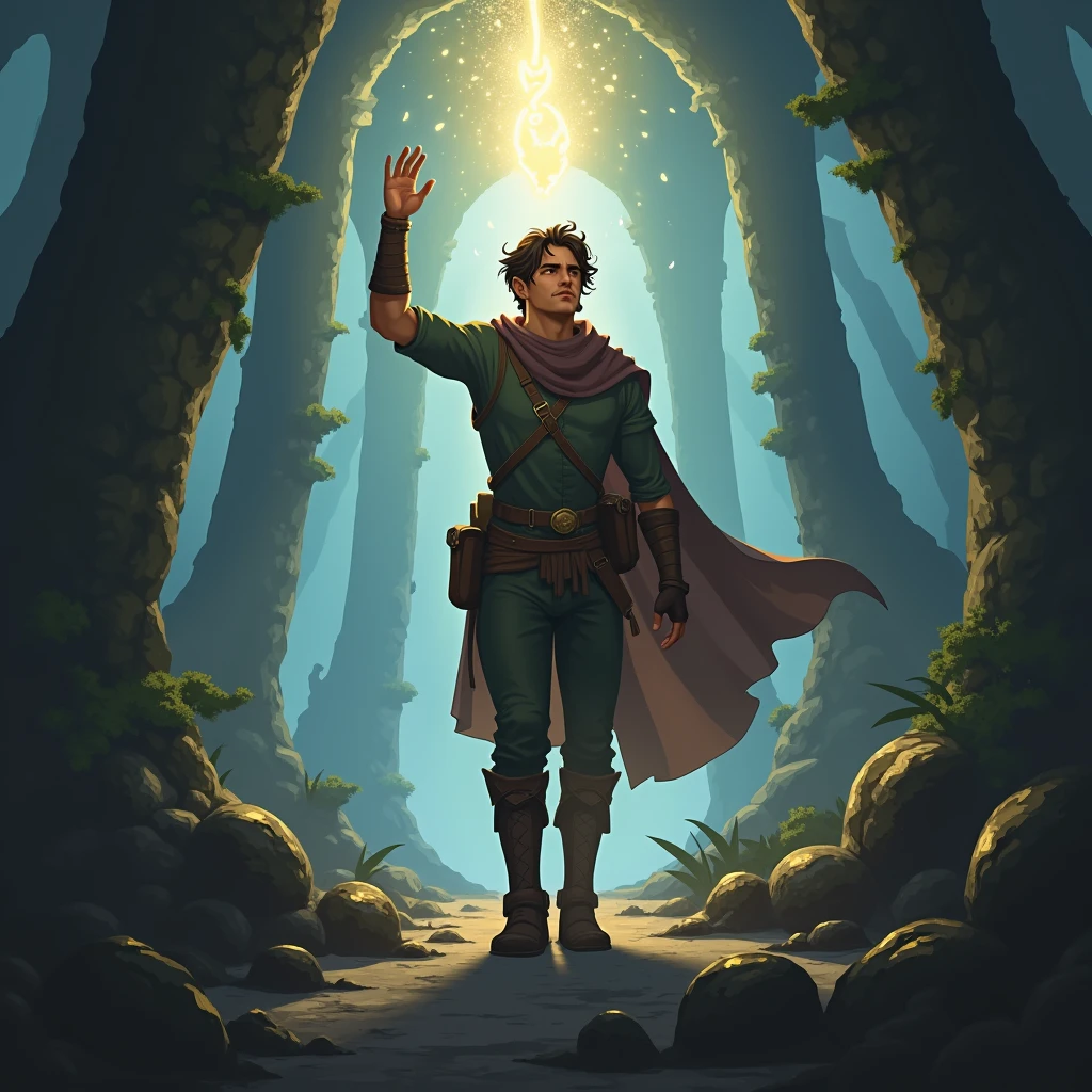 Inside a hidden cave, Kael discovers a glowing magical artifact, his light illuminating the dark cave around him."