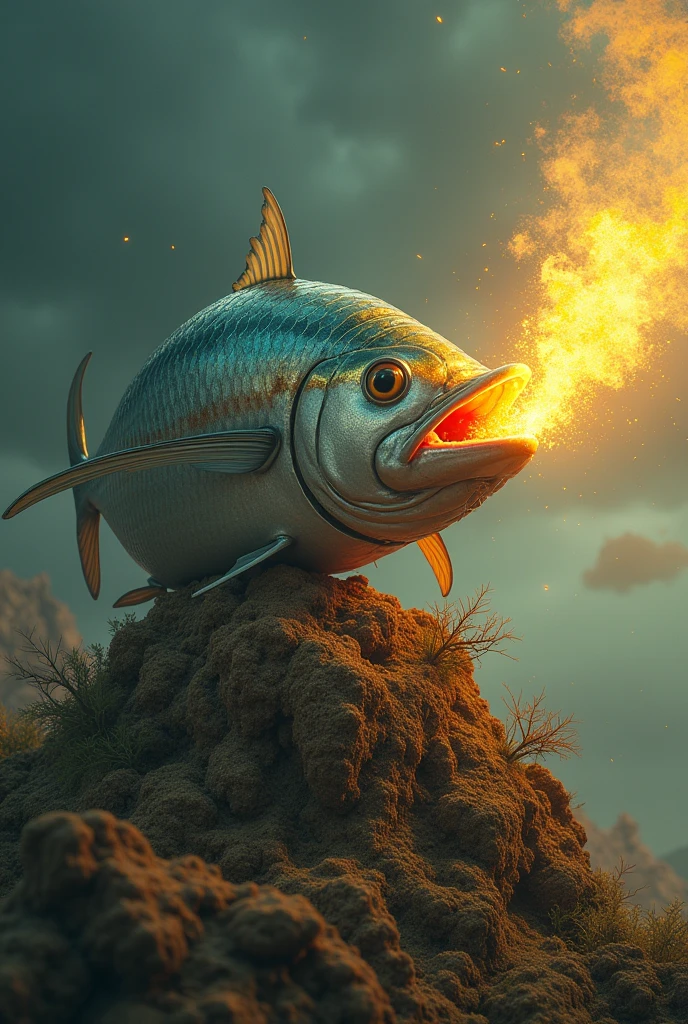 Tuna on top of the primordial hill, masturbating with a concentrated and creative expression. The ejaculating semen glows with an intense golden light. (best quality), (masterpiece), (realistic), (detailed), portrait, close up, stunning gradient colors, no watermark signature, detailed background, insanely detailed (masterpiece), absurd, HDR”