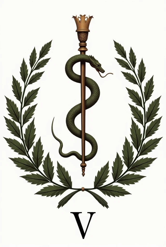 Asclepius: The serpent wrapped around a healing and medicine stick. On the coat of arms of veterinary medicine, a serpente pode aparecer em volta da letra V

Ramos de oak tree e bay leaves: These branches usually surround the main symbol., representing strength (oak tree) and victory (bay leaves).

With the letter V at the bottom.