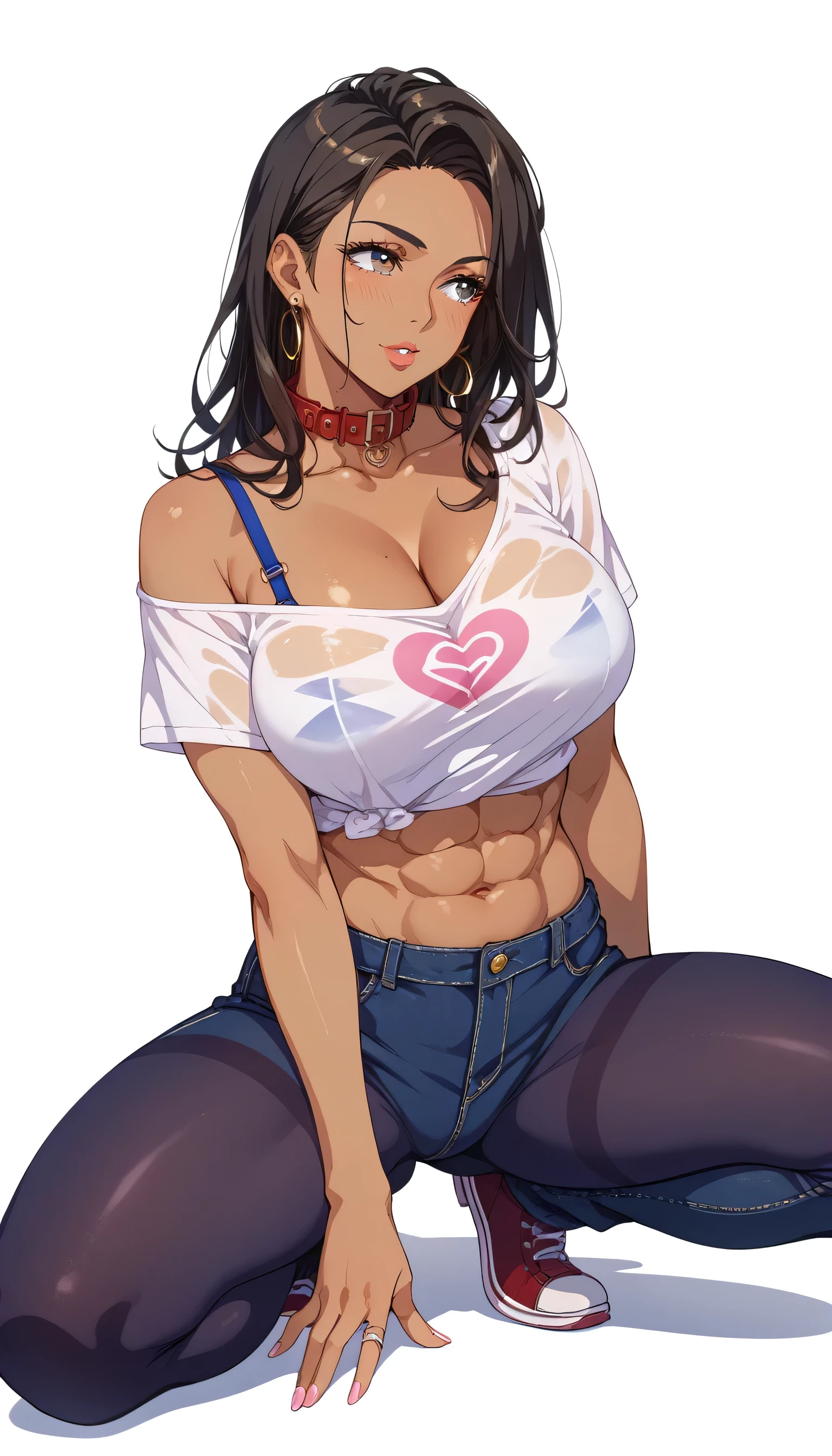 absurdres, High resolution, Super detailed, (mature woman1名:1.2), (dark brown skin:1.4), abs,big breasts、unity 8k wallpaper,woman, Dynamism,forward leaning posture、Cleavage is visible through the collar of the T-shirt、intricate details,well-developed abs、(black hair)、spread your legs、she looks away, The woman looks shyly away, Her eyes are turned to the side、wrinkles between the eyebrows、Three white eyes、Glare、spread legs、cover your chest with your hands、large bra、sexy underwear、full body tights、Looking up、High leg、mature woman、Married woman、4 woman、saggy breasts、Fat、off shoulder、,Shoulder Bare,half-taken off pants、The gesture of lowering pants、White background、