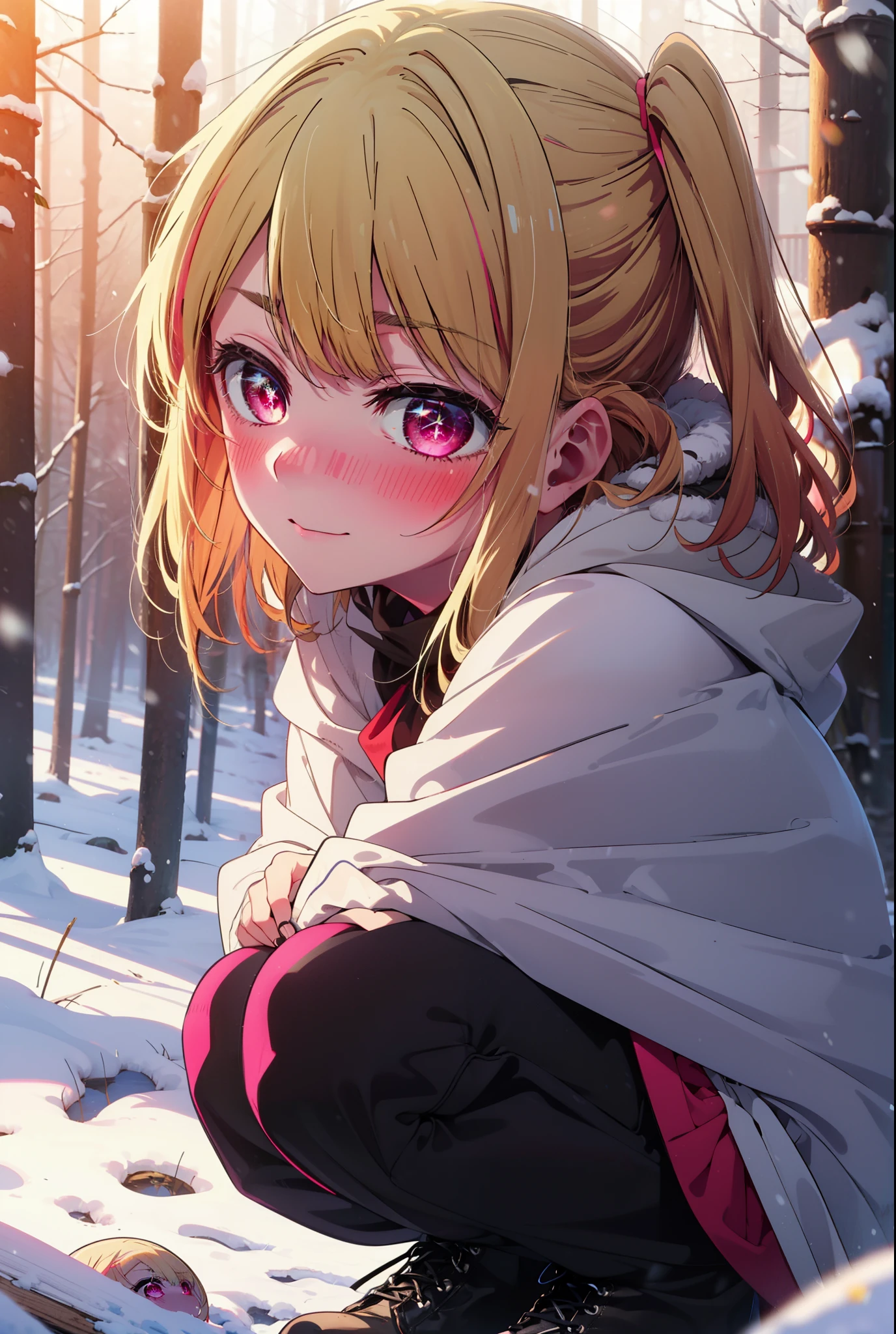 rubyhoshino, Hoshino Ruby, Long Hair, bangs, blonde, (Pink Eyes:1.3), Side Lock, (Symbol-shaped pupil:1.5), Multicolored Hair, Two-tone hair, smile,,smile,blush,white breath,
Open your mouth,snow,Ground bonfire, Outdoor, boots, snowing, From the side, wood, suitcase, Cape, Blurred, , forest, White handbag, nature, Squat, Mouth closed, Cape, winter, Written boundary depth, Black shoes, red Cape break looking at viewer, Upper Body, whole body, break Outdoor, forest, nature, break (masterpiece:1.2), Highest quality, High resolution, unity 8k wallpaper, (shape:0.8), (Beautiful and beautiful eyes:1.6), Highly detailed face, Perfect lighting, Extremely detailed CG, (Perfect hands, Perfect Anatomy),