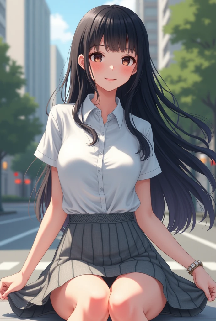 ((best quality, 8k, masterpiece: 1.3)), Beautiful girl, pure, Melon face, kind and cute, sweet Smile, pure deSire, slim body, (front), (tilted head), White short sleeve collared shirt, open shirt, Gray Braided Mini Skirt , Long black silky straight hair, windy hair, Long flowing shoulders, big round black eyes, Clear, big eyes, moist red lips, sweet, Sitting on a city street, ((((whole body)))), sexy long legs, small breasts, Lifting up a miniskirt, White slim silky slightly lace panties, (S:1.3), camel toe, Slender muscular body, (M-leg position:1.2), ((from below)), ((Lifting the skirt:1.3))