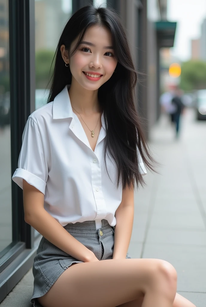 ((best quality, 8k, masterpiece: 1.3)), Beautiful girl, pure, Melon face, kind and cute, sweet Smile, pure deSire, slim body, (front), (tilted head), White short sleeve collared shirt, open shirt, Gray Braided Mini Skirt , Long black silky straight hair, windy hair, Long flowing shoulders, big round black eyes, Clear, big eyes, moist red lips, sweet, Sitting on a city street, ((((whole body)))), sexy long legs, small breasts, Lifting up a miniskirt, White slim silky slightly lace panties, (S:1.3), camel toe, Slender muscular body, (M-leg position:1.2), ((from below)), ((Lifting the skirt:1.3))