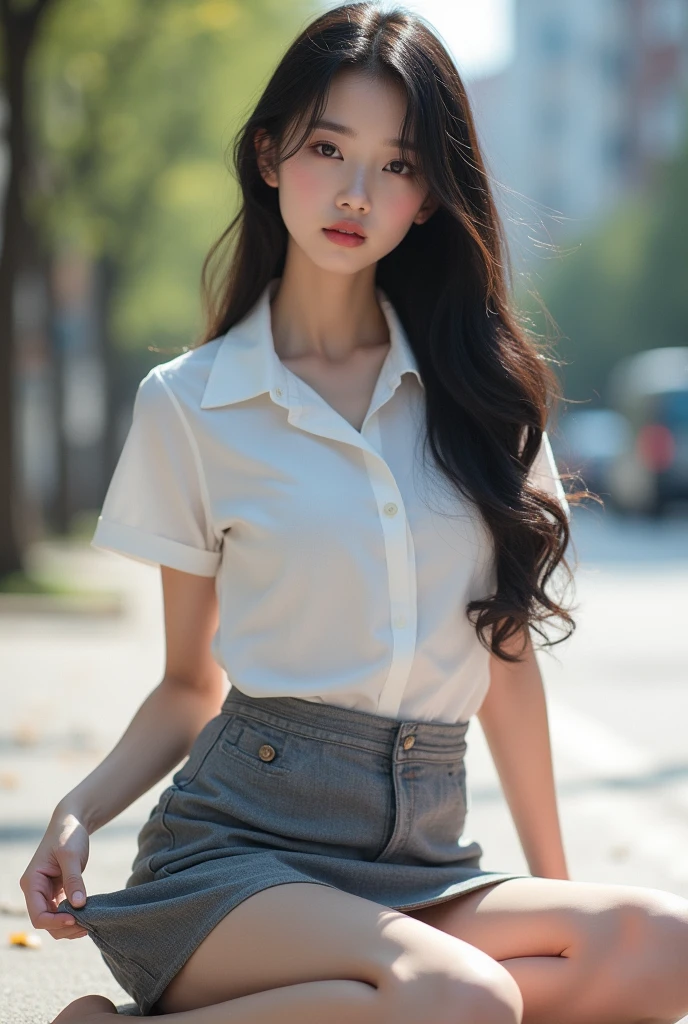 ((best quality, 8k, masterpiece: 1.3)), Beautiful girl, pure, Melon face, kind and cute, sweet Smile, pure deSire, slim body, (front), (tilted head), White short sleeve collared shirt, open shirt, Gray Braided Mini Skirt , Long black silky straight hair, windy hair, Long flowing shoulders, big round black eyes, Clear, big eyes, moist red lips, sweet, Sitting on a city street, ((((whole body)))), sexy long legs, small breasts, Lifting up a miniskirt, White slim silky slightly lace panties, (S:1.3), camel toe, Slender muscular body, (M-leg position:1.2), ((from below)), ((Lifting the skirt:1.3))
