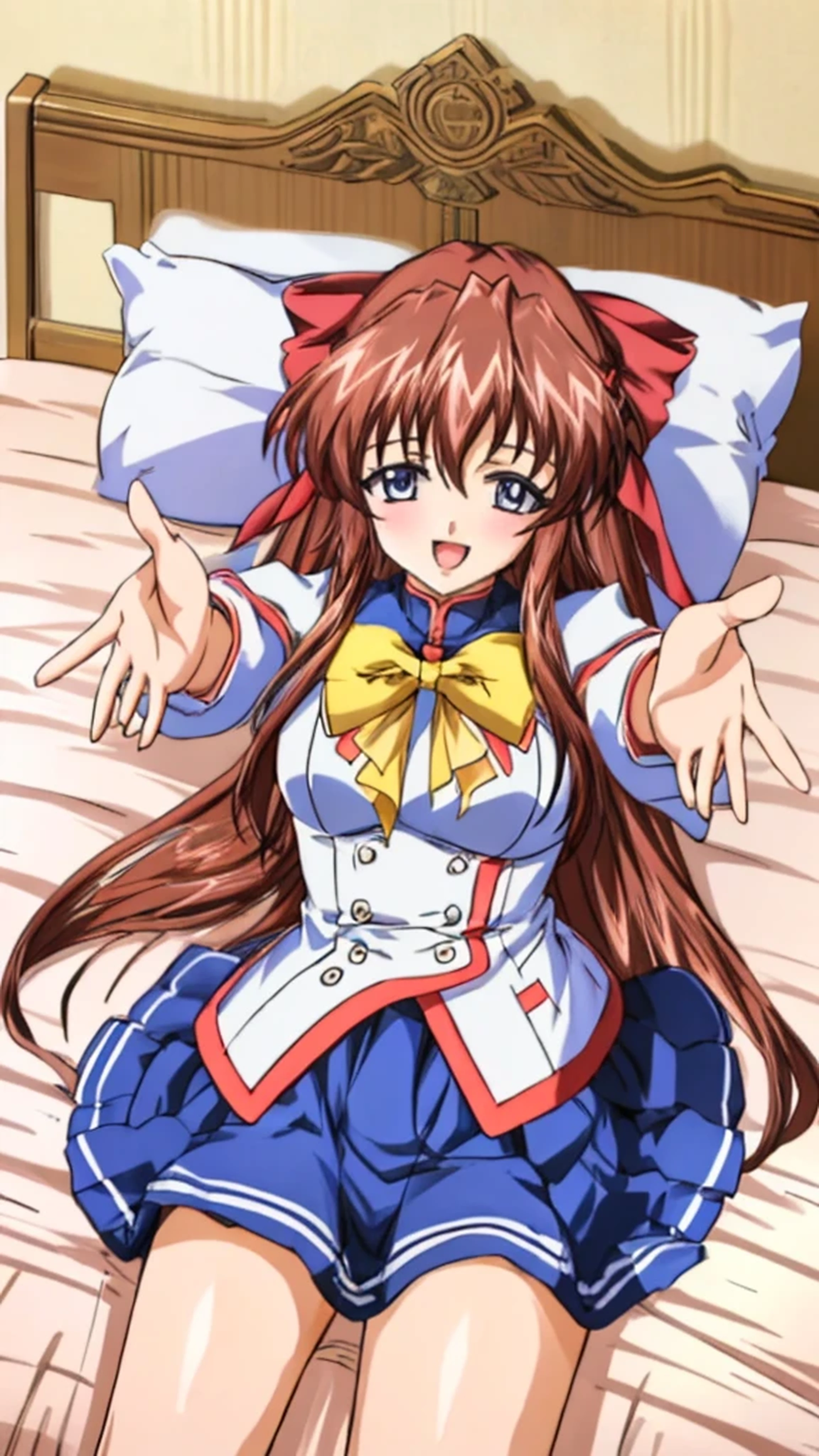 (Anime artwork, Anime Style, Studio Anime, Very detailed, up to date,、 Vibrant, Anime Coloring Book, High Contrast, masterpiece:1.3, Highest quality, Best aesthetics), (Beautiful and detailed:1.2), Aoikan, 1 person, Hair Ribbon, school uniform, Long sleeve, bow tie, Blue Skirt, blue eyes, (((lie down on the bed:1.3), (Cute Smile Open your mouth, incoming hug:1.2, reaching towards viewer:1.2,Two Arms))), From above, No pants,