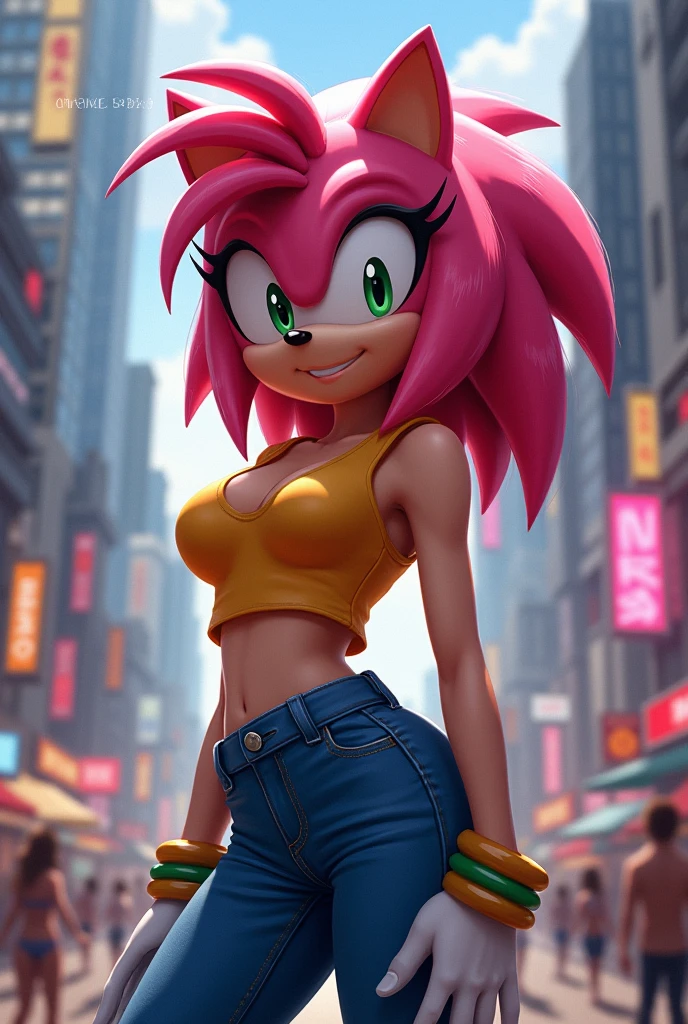 Amy Rose, 1girl, solo, looking at viewer, smile, high-waist pants, hairclip, denim, t-shirt, city background, off-shoulders, big-boobs, exposed-breast, hedgehog