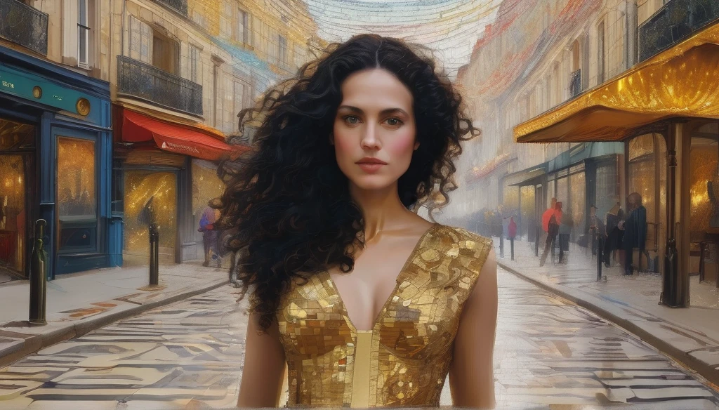 Marie Anne lenormand, white woman with black curly hair, marie anne lenormand es una chica que va caminando de cuerpo completo sobre las calles de París del siglo 18,Beautiful line art photo,Use gold strokes and rainbow paint,Golden Maiden,the golden ratio,Melted wax,Visible brush strokes,surrounded by crystal spheres,3D Mosaic Wireframe,neuroimaging,neurons,colours,california,intense emotion,oil on canvas,Thick strokes,insanely details,8k ultra high definition,tmasterpiece,art station