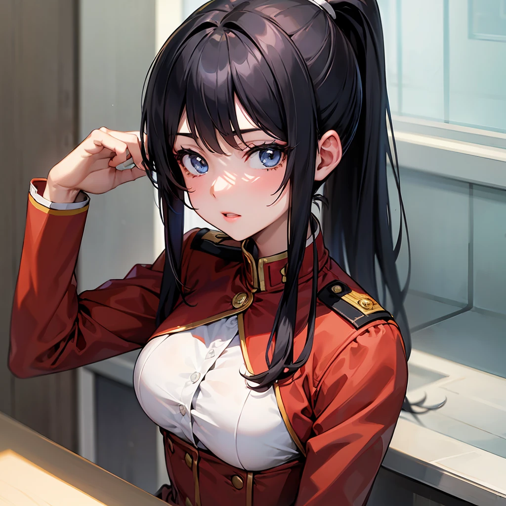 2D, masterpiece, Highest quality, anime, Very detailed, One Girl、clear、Black Hair、uniform、Straight Hair、High Ponytail、sticking one's head out of the window、front、School、Watery eye、