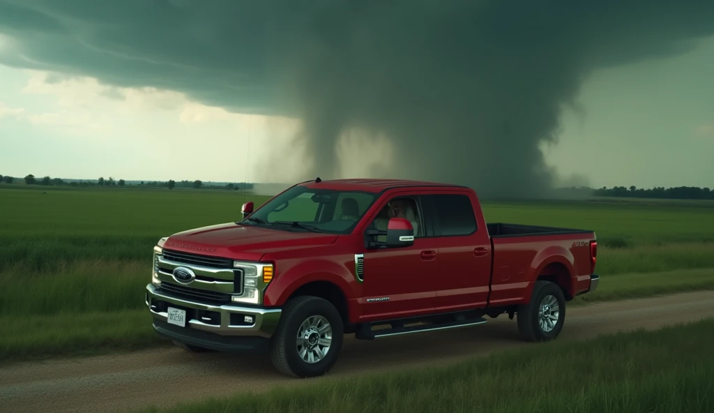 It's a drone footage of a man and a woman in a red pickup truck who try to stop a tornado that's coming to town in a way that destroys a lot of things.