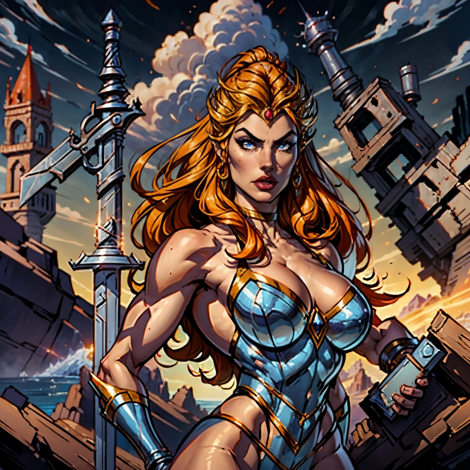 a majestic muscular woman, She-ra, extremely detailed muscular female body, highly detailed face, piercing eyes, full lips, beautiful long hair, heroic pose, legendary sword raised high, powerful stance, fantasy landscape background, dramatic lighting, cinematic composition, vibrant colors, realistic photorealistic 3d render, intricate details, cinematic lighting, ultra-detailed, 8k, best quality, (masterpiece:1.2)