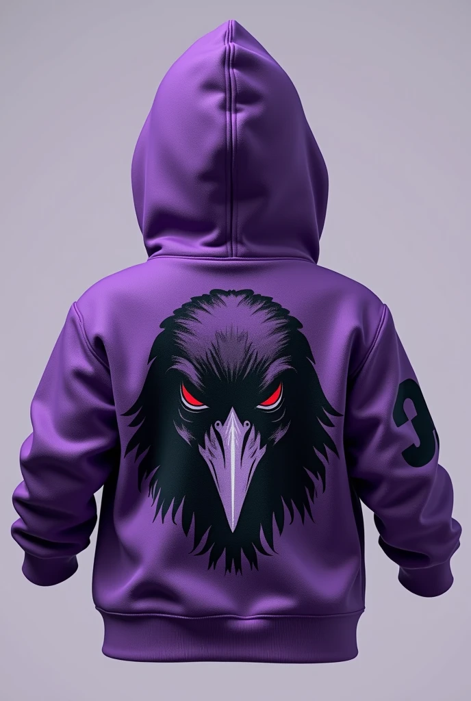 Create a purple baby sweatshirt where on the back there is a logo of half a crow's face and on the side the number 302