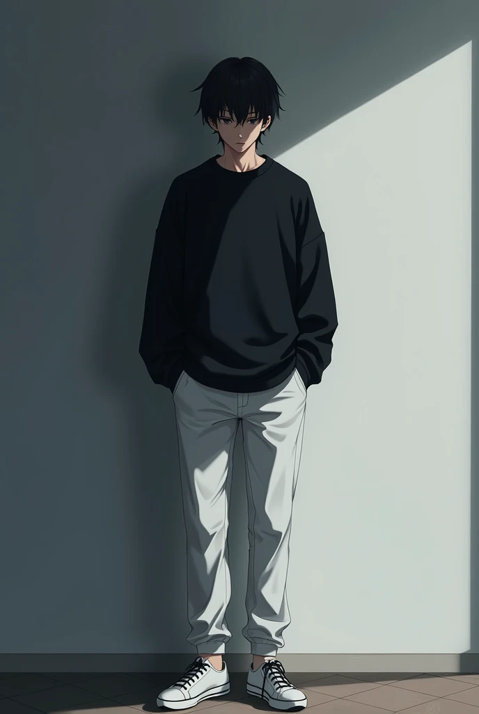 The image is very detailed but anime style with shadows and dim anime style lights although somewhat dark and adult., A 2 man appears in it. He is standing in front of a white wall, He looks almost turned, almost completely on his back, He has medium-long hair and dark black eyes.. He appears serious and calculating.. He is wearing a very dark oversized black sweater and white pants.. He also wears completely white sneakers with no details and black laces..