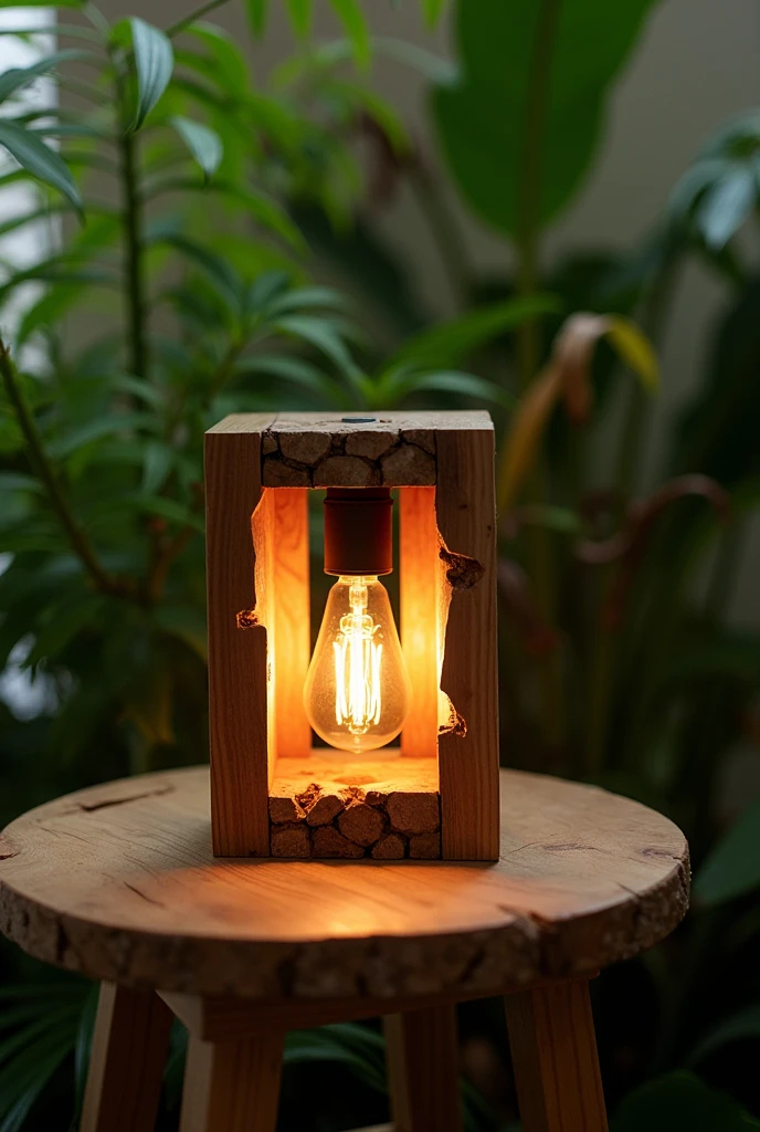 Wooden block lamp, with carbon filament lamp, fitted into the block, on top of a table, with foliage.