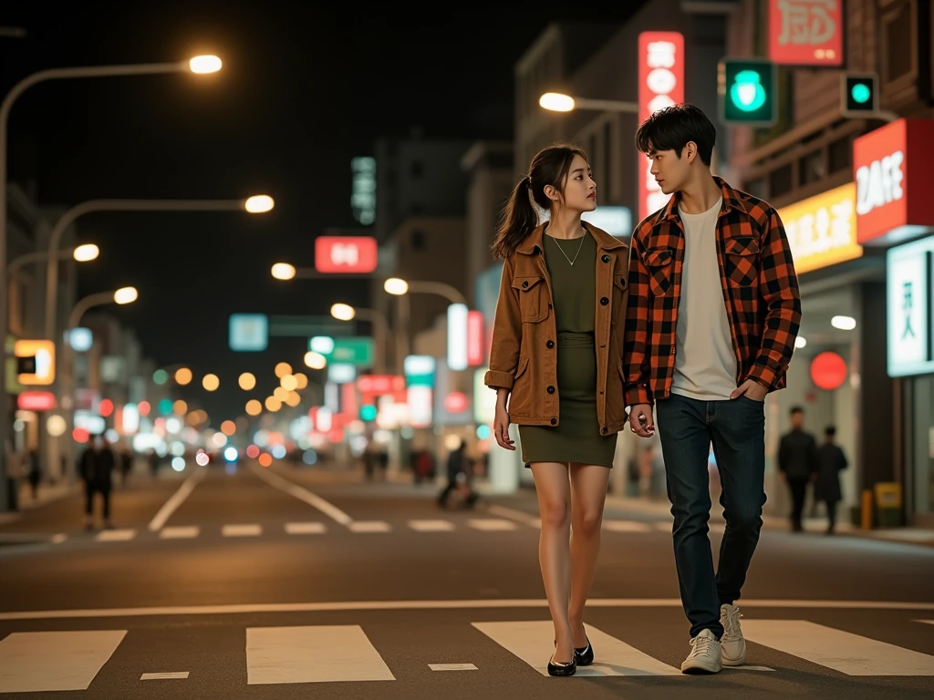 rompts
Copy
A striking, ultra-detailed image of a young Korean couple strolling hand-in-hand on a bustling night street. The man is dressed in a cozy flannel shirt, while the woman is clad in a stylish, form-fitting dress. The city lights and traffic signals illuminate their surroundings, casting a warm, inviting glow. The couple's expressions convey a deep connection and passion, as they share a tender moment in the vibrant urban setting.