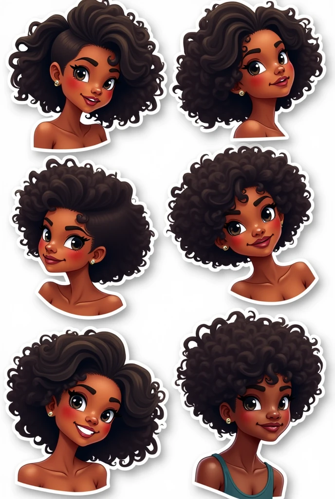 I want to create a series of stickers for WhatsApp and Telegram where the character has black skin, eyes black, wavy black hair, curly hair ,