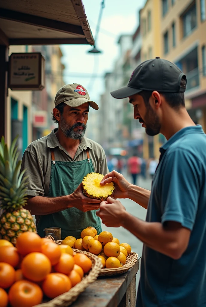Cassio was working another day in his van selling fruit (in Brazil), his excellent quality fruit caught everyone's attention and that's why they always sell a lot. Suddenly, amidst the large number of customers passing by his store, a man named Marcos appears, with a tired face, asking for a peeled pineapple to eat right there. Cassio peels the pineapple and hands the fruit in pieces to Marcos.
However, instead of sitting down and enjoying the pineapple, the first thing Marcos did upon receiving the pineapple was take photos of the pineapple to post on his social media.
After a brief conversation, Marcos, in a hurry because his lunch break was coming to an end and he needed to get back to work, just eats a slice of pineapple and leaves the rest there.
Cassio, perplexed, ponders whether showing a false moment of his life on social networks is worth more than living a real moment. Then he sits down and eats the almost intact pineapple that Marcos had left aside, and enjoys every piece of the pineapple.