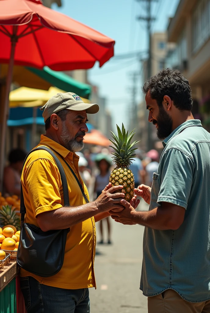 Cassio was working another day in his van selling fruit (in Brazil), his excellent quality fruit caught everyone's attention and that's why they always sell a lot. Suddenly, amidst the large number of customers passing by his store, a man named Marcos appears, with a tired face, asking for a peeled pineapple to eat right there. Cassio peels the pineapple and hands the fruit in pieces to Marcos.
However, instead of sitting down and enjoying the pineapple, the first thing Marcos did upon receiving the pineapple was take photos of the pineapple to post on his social media.
After a brief conversation, Marcos, in a hurry because his lunch break was coming to an end and he needed to get back to work, just eats a slice of pineapple and leaves the rest there.

Cassio, perplexed, ponders whether showing a false moment of his life on social networks is worth more than living a real moment. Then he sits down and eats the almost intact pineapple that Marcos had left aside, and enjoys every piece of the pineapple.