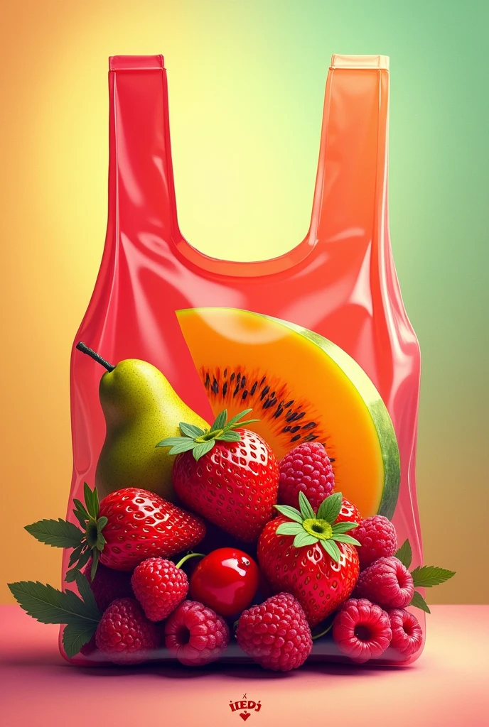 Design the details for a plastic bag with a theme of: red fruits, melon, and pear Without it coming out of the bag, add more colors