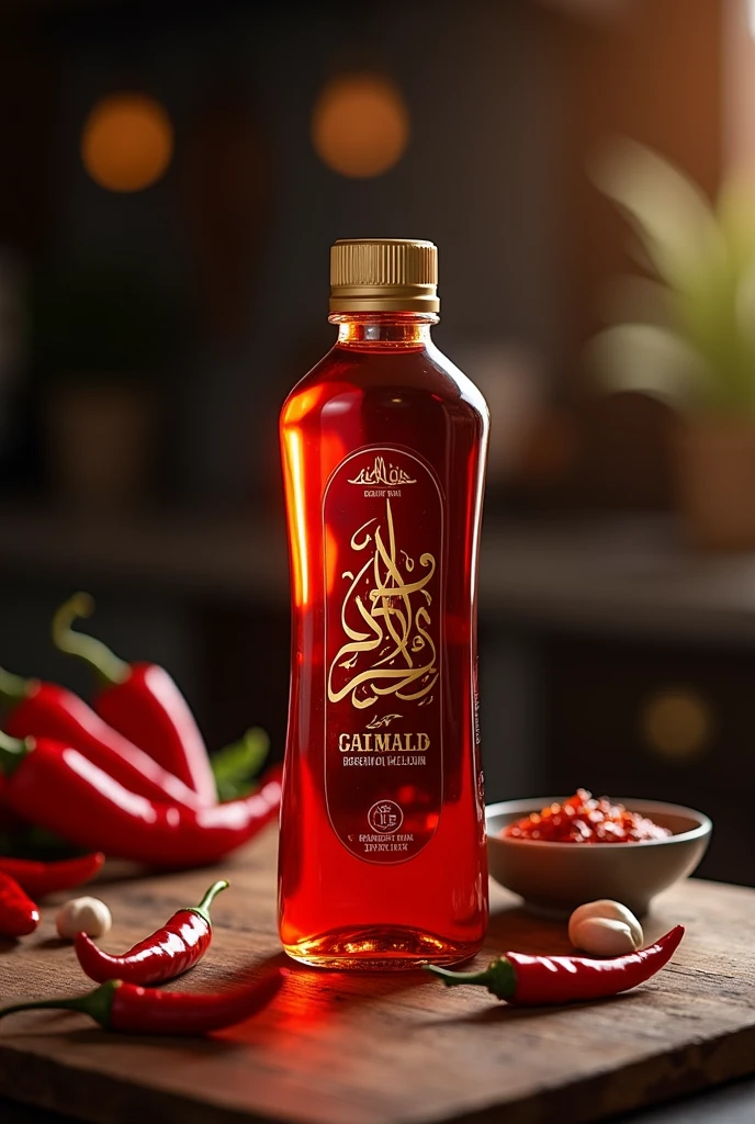 "Create a promotional image for a premium chili oil product named 'Al Amiin Original Flavor.' The chili oil is packaged in a sleek, transparent retort pack with a resealable gold cap, showing vibrant red oil infused with chili flakes. The label on the pack features elegant Arabic calligraphy in gold with the product name. Place the retort pack in the center of the image on a rustic wooden table. Surround the pack with fresh red chili peppers, garlic cloves, and a small bowl of the chili oil. The background should be a dark, blurred kitchen scene with warm lighting to give a cozy, artisanal feel. Add a subtle text overlay in the upper right corner that reads 'Spice Up Your Meals with Al Amiin - RM12 Only.'"