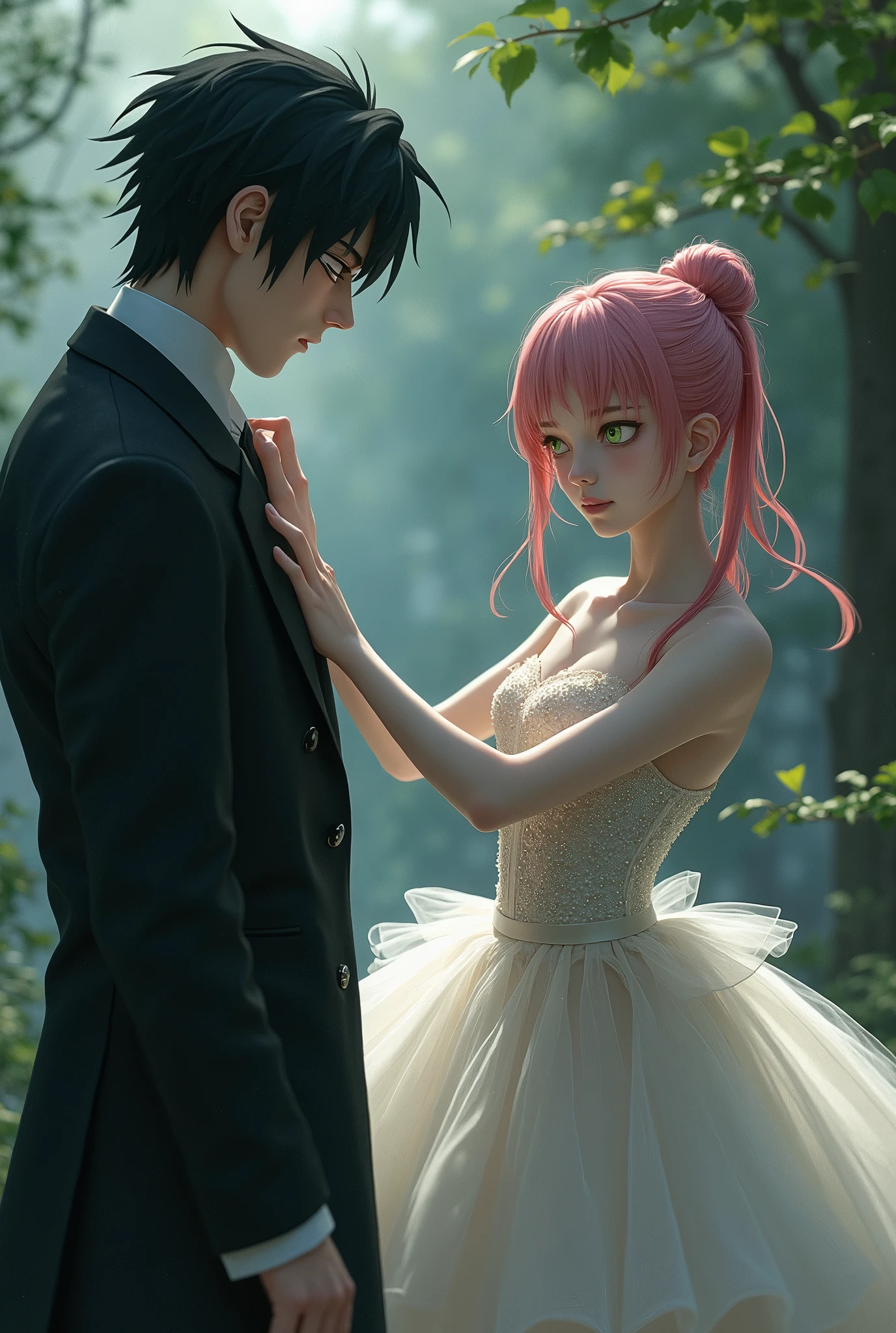 Sasuke Uchiha a 30-year-old man with black eyes and hair wearing a dark suit and an eye patch watching from a distance a young woman named Sakura Haruno, 20 years old with green eyes and light pink hair who is dancing and dressed like a ballet dancer 